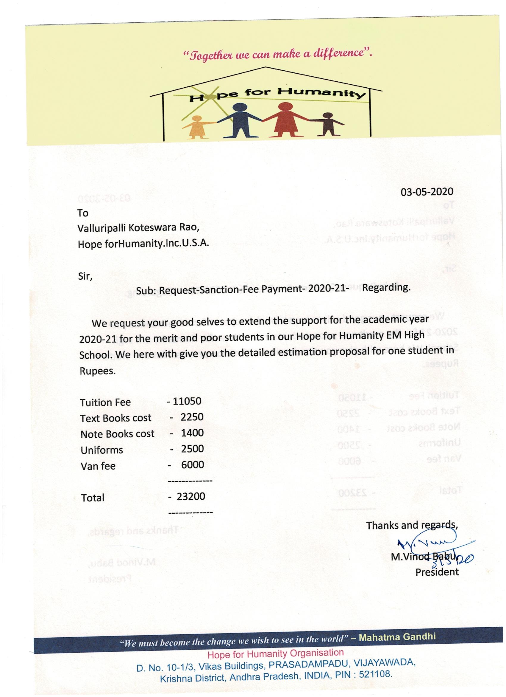 Hope for Humanity Single Student Costs