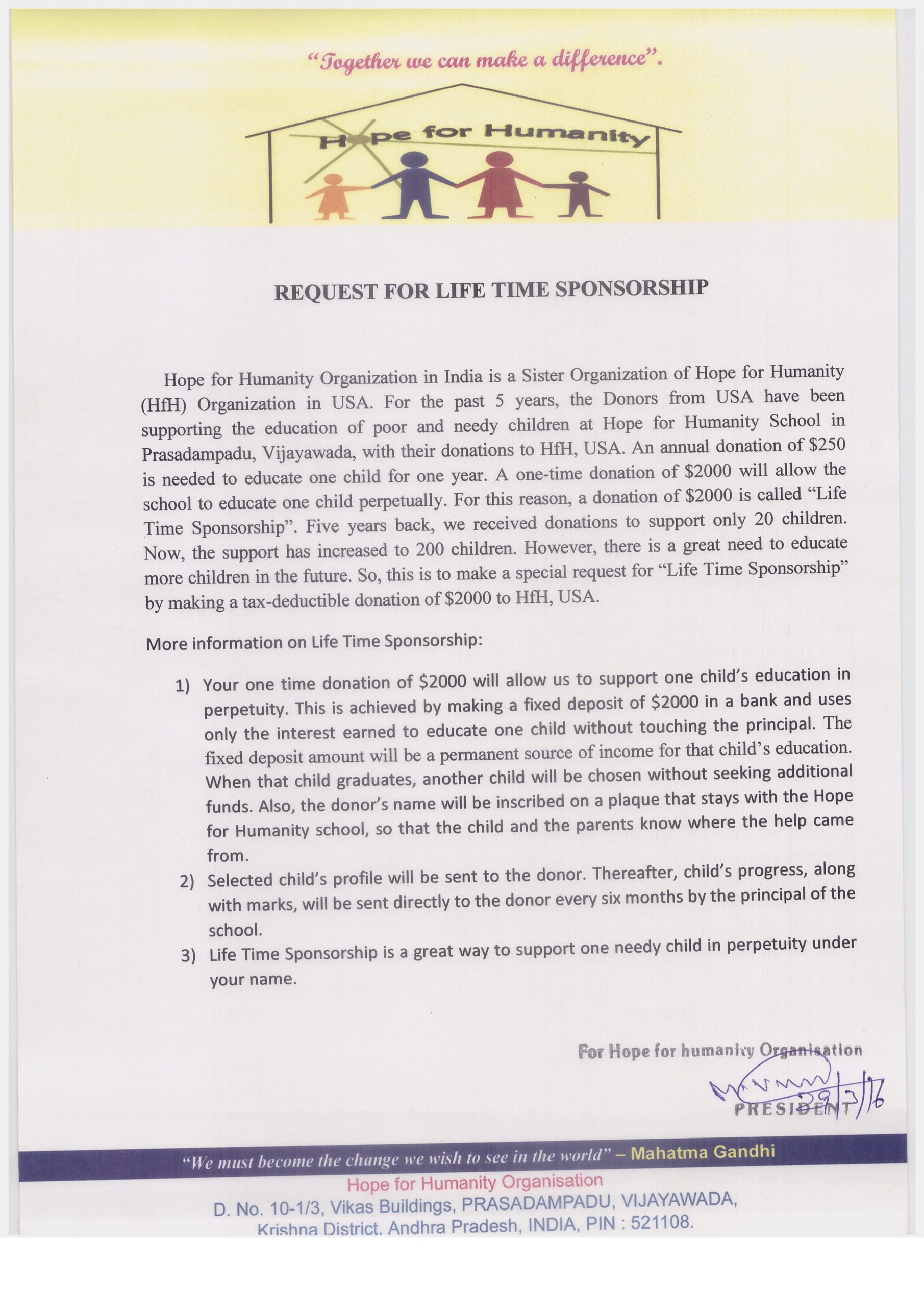 Request for Lifetime Sponsorship